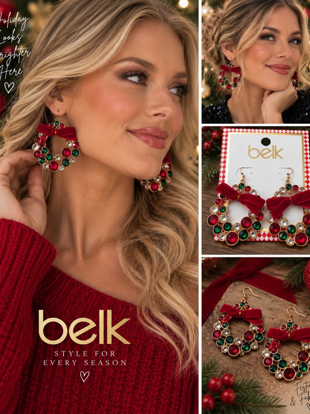 Belk NWT Christmas Wreath Rhinestone Bow Statement Earrings Red Green Gold